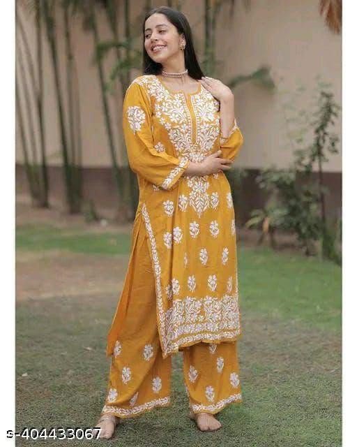 Premium Reyon cotton Top with beautiful chikankari work on yoke & Reyon pent - Image 5