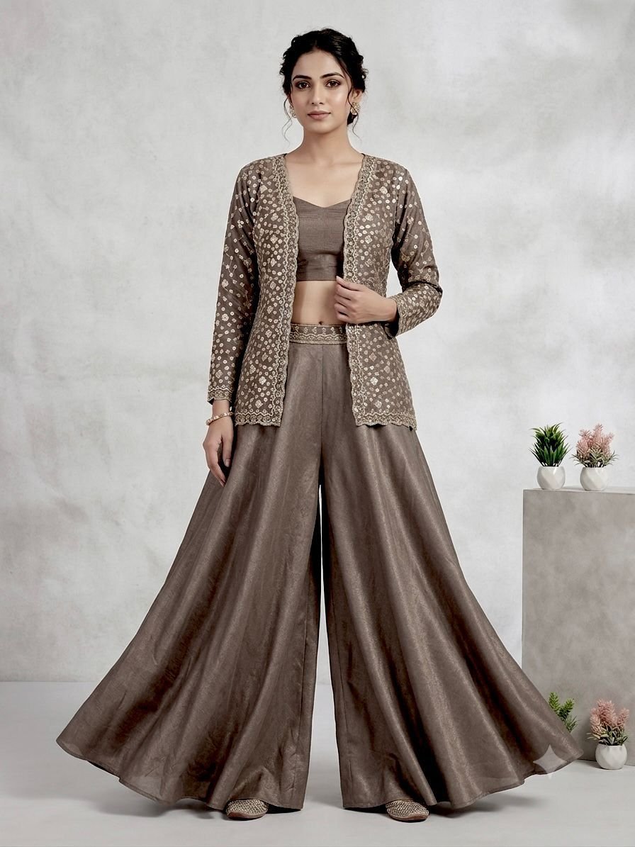 THIS WEDDING SEASON WEAR OUR BEAUTIFUL SEQUENCE EMBROIDERED BLOUSE, PLAZZO WITH KOTI
