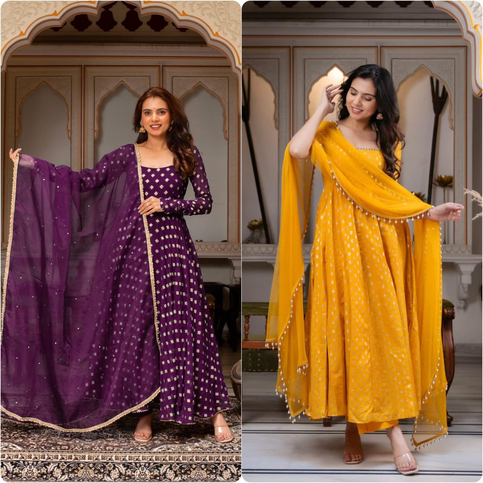 Presenting New Designer Collection In Chanderi Jacquard Butti With Embroidery Work Gown And Dupatta Set Fully Stitched Ready To Wear - Image 5