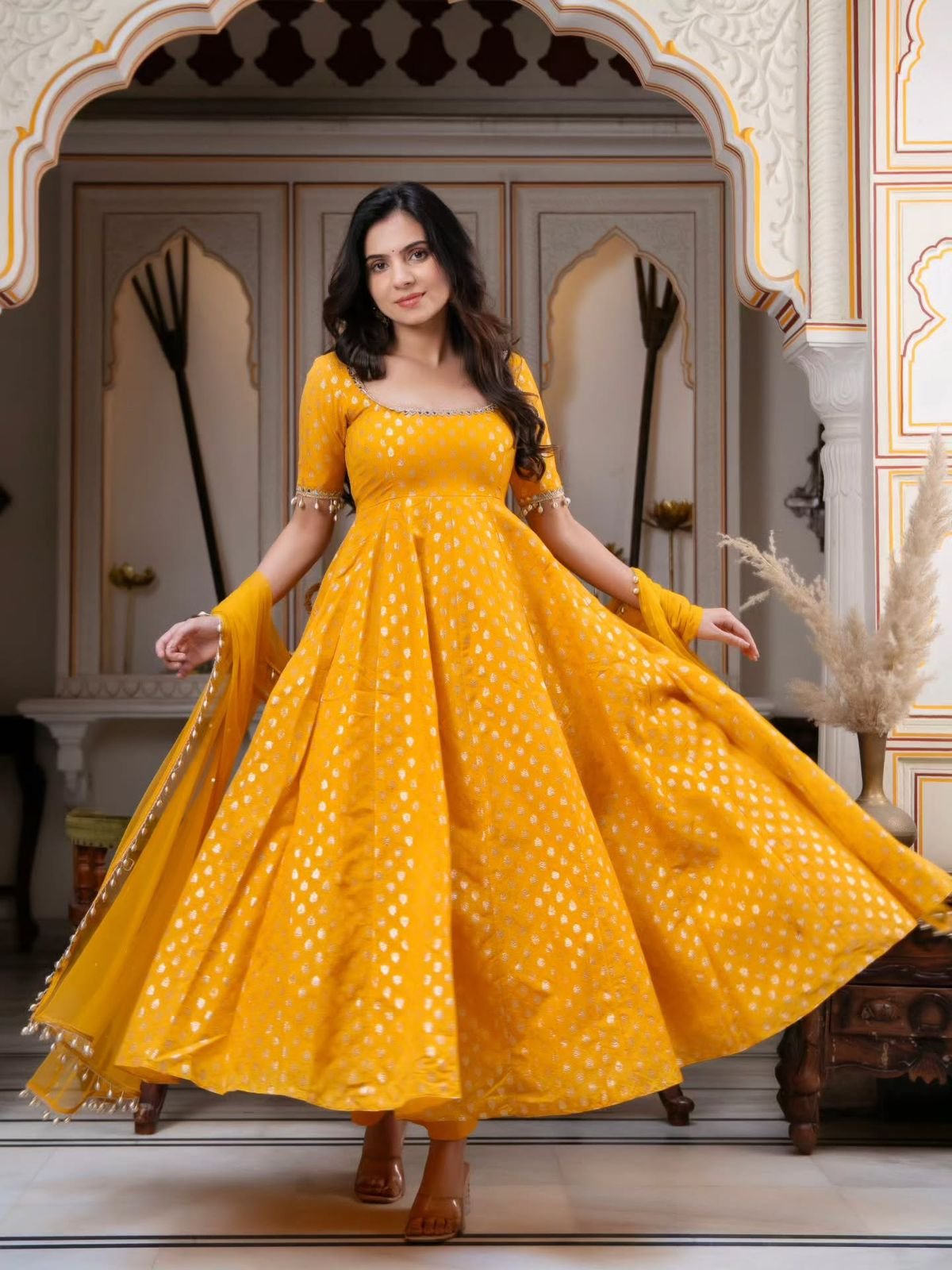 Presenting New Designer Collection In Chanderi Jacquard Butti With Embroidery Work Gown And Dupatta Set Fully Stitched Ready To Wear
