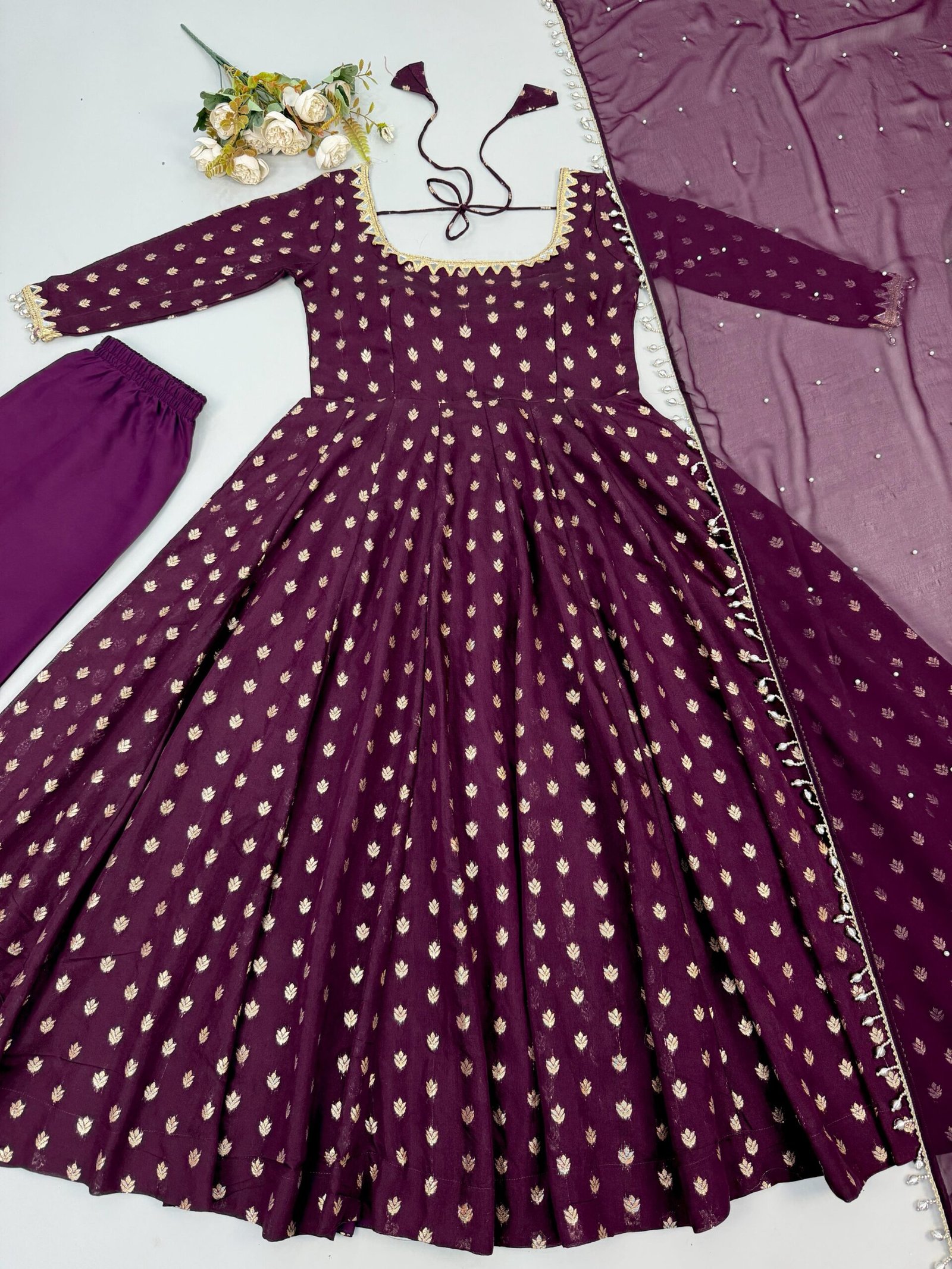 Presenting New Designer Collection In Chanderi Jacquard Butti With Embroidery Work Gown And Dupatta Set Fully Stitched Ready To Wear - Image 4