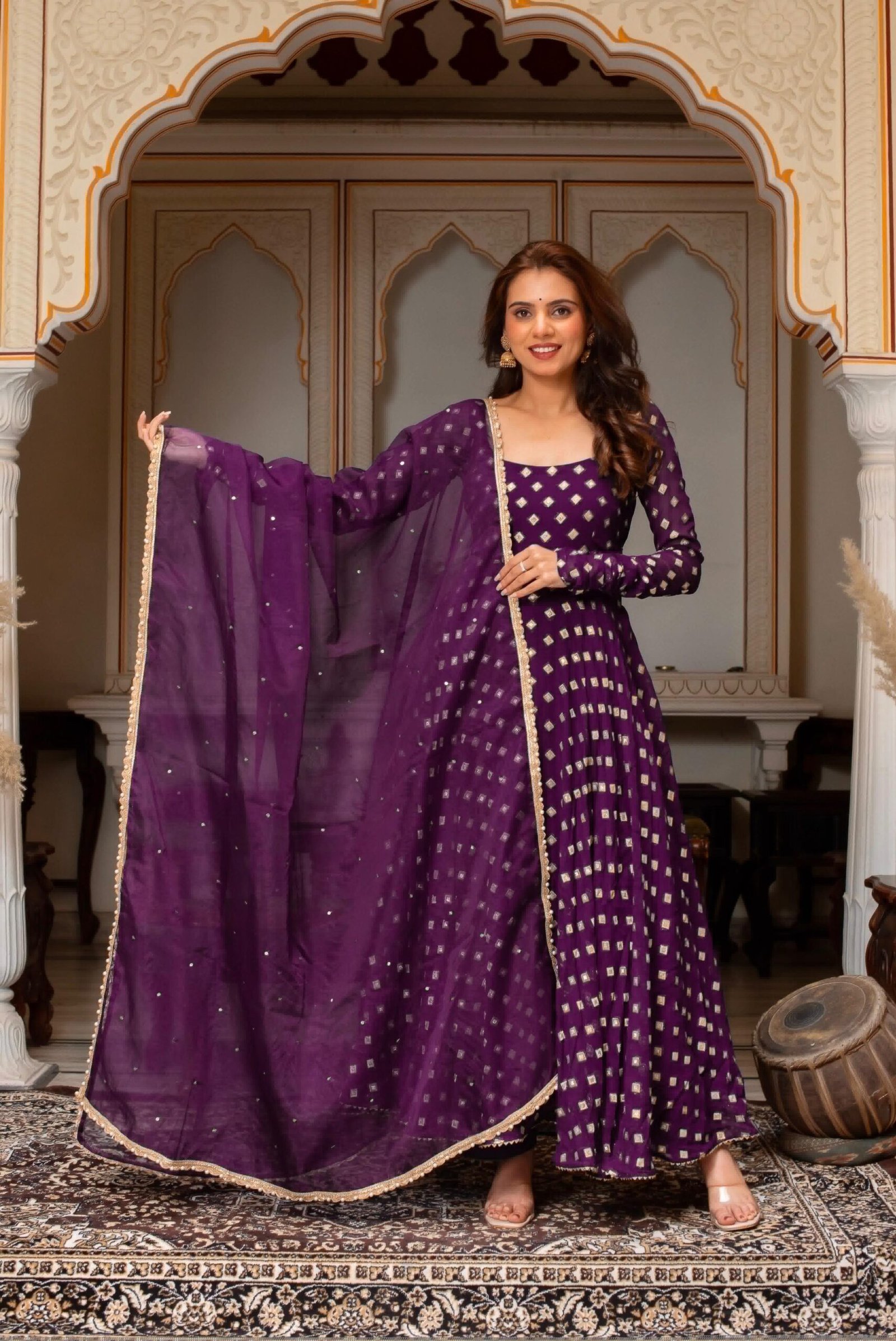 Presenting New Designer Collection In Chanderi Jacquard Butti With Embroidery Work Gown And Dupatta Set Fully Stitched Ready To Wear - Image 3