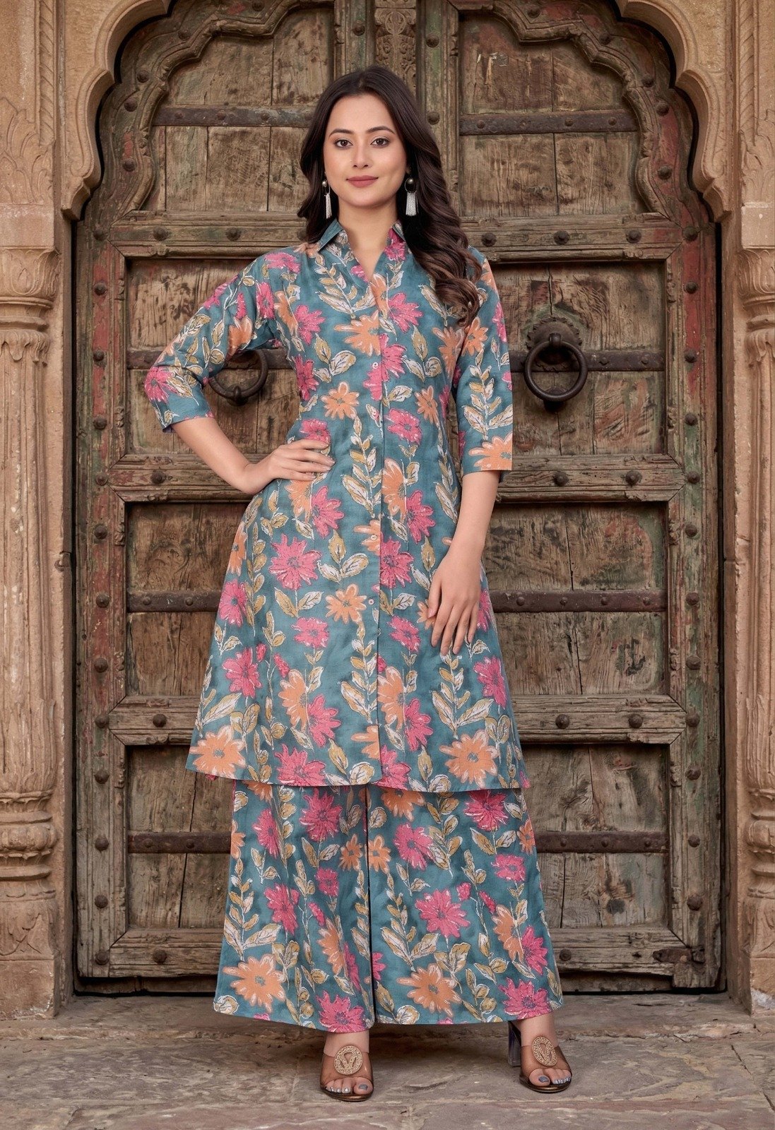 WOMEN'S TEAL BLUE FLORAL PRINT COLLARED KURTA WITH WIDE-LEG PLAZOO SET