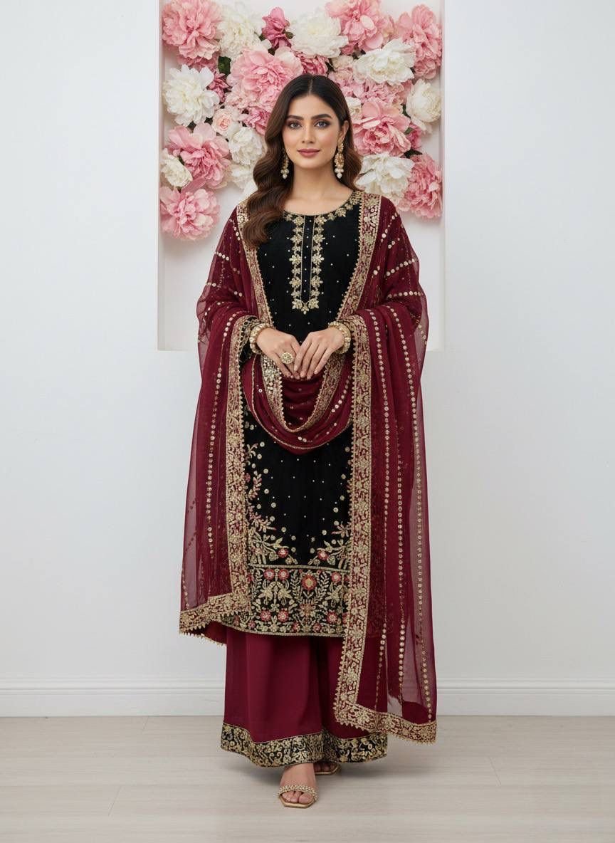 PRESERNTING NEW EID SPACIAL FANCY DESIGN HEAVY EMBROIDERY AND SEQUENCE WORK TOP - PLAZZO WITH DUPATTA