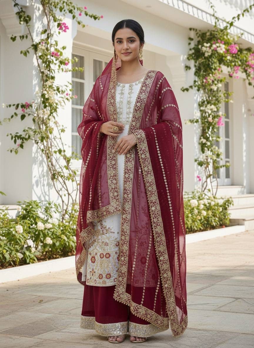 PRESERNTING NEW EID SPACIAL FANCY DESIGN HEAVY EMBROIDERY AND SEQUENCE WORK TOP - PLAZZO WITH DUPATTA - Image 3