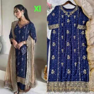 DESIRABLE FANCY FAUX GEORGETTE WITH SEQUENCE EMBROIDERED AND ORIGINAL MOTTI HANDMADE WORK TOP AND PENT WITH DUPATTA