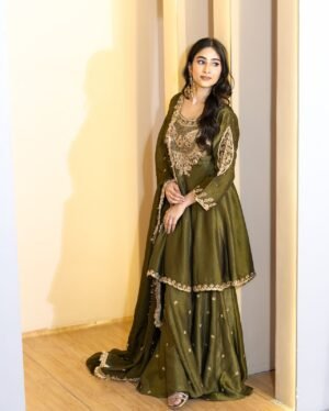Presenting New Designer Collection In French Crep Silk Top-Bottom And Dupatta Set Fully Stitched Ready To Wear