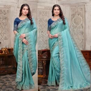 Alternative view of SAREES FABRIC.:-Pure Gold Crush fabric with coding embroidery work and 3mm sequence work with all over butta and amazing arc cutting borders work.