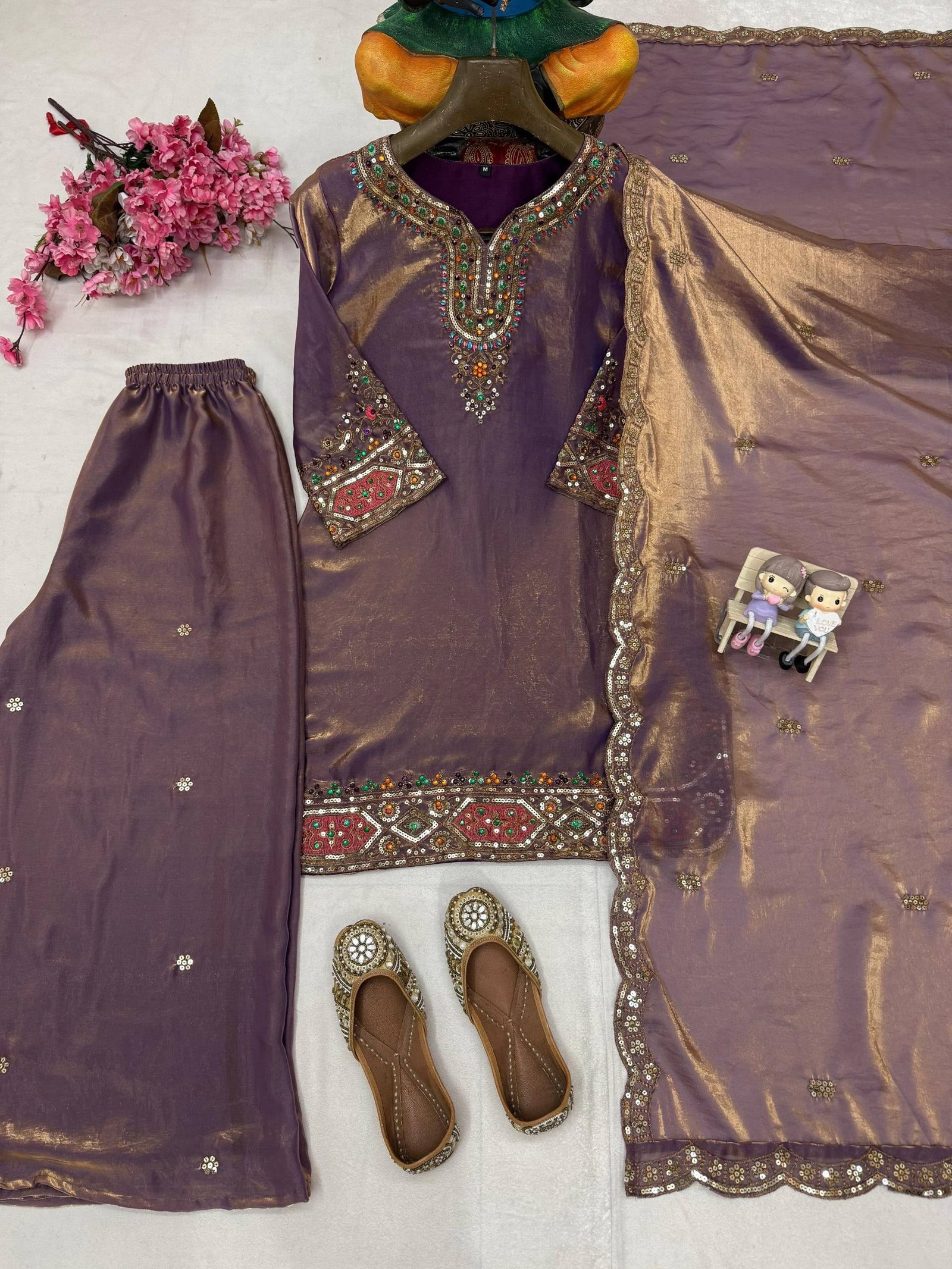 ENHANCE THE BEAUTY OF YOUR WARDROBE WITH THIS NEWLY LAUNCHED FENDY SILK KURTI & PLAZZO SET WITH STONE HANDWORK - Image 2