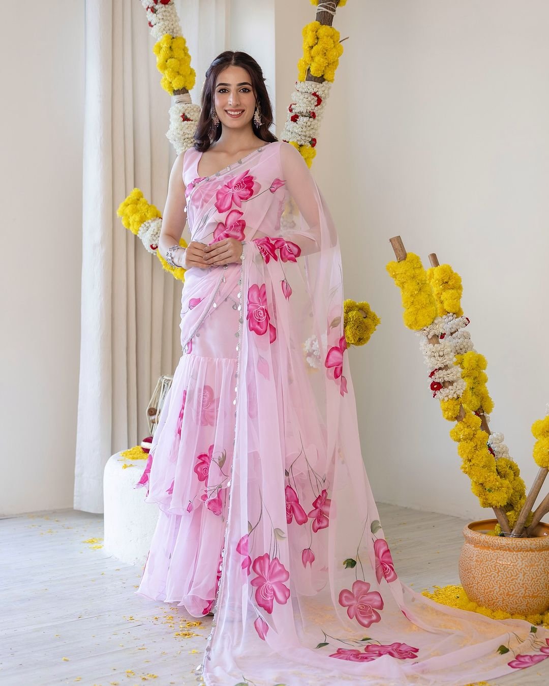 🍭One More Super Hit Georgette Ruffle Ready To Wear Saree With Readymade Blouse Design Launch