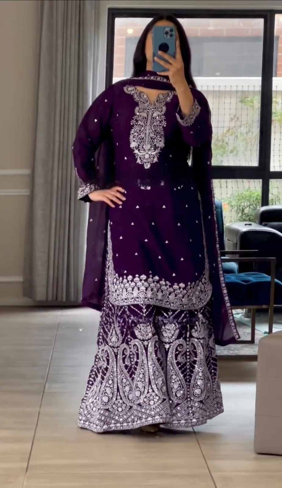 Pure Heavy Chinnon Silk With Heavy Embroidery Work With Fancy Borders Less Work Sleeve With Fancy Latkan Dori.