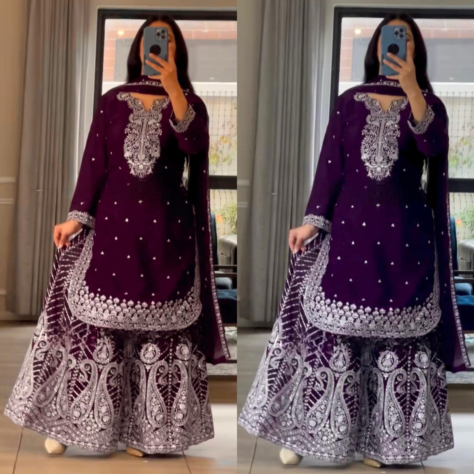 Pure Heavy Chinnon Silk With Heavy Embroidery Work With Fancy Borders Less Work Sleeve With Fancy Latkan Dori. - Image 5