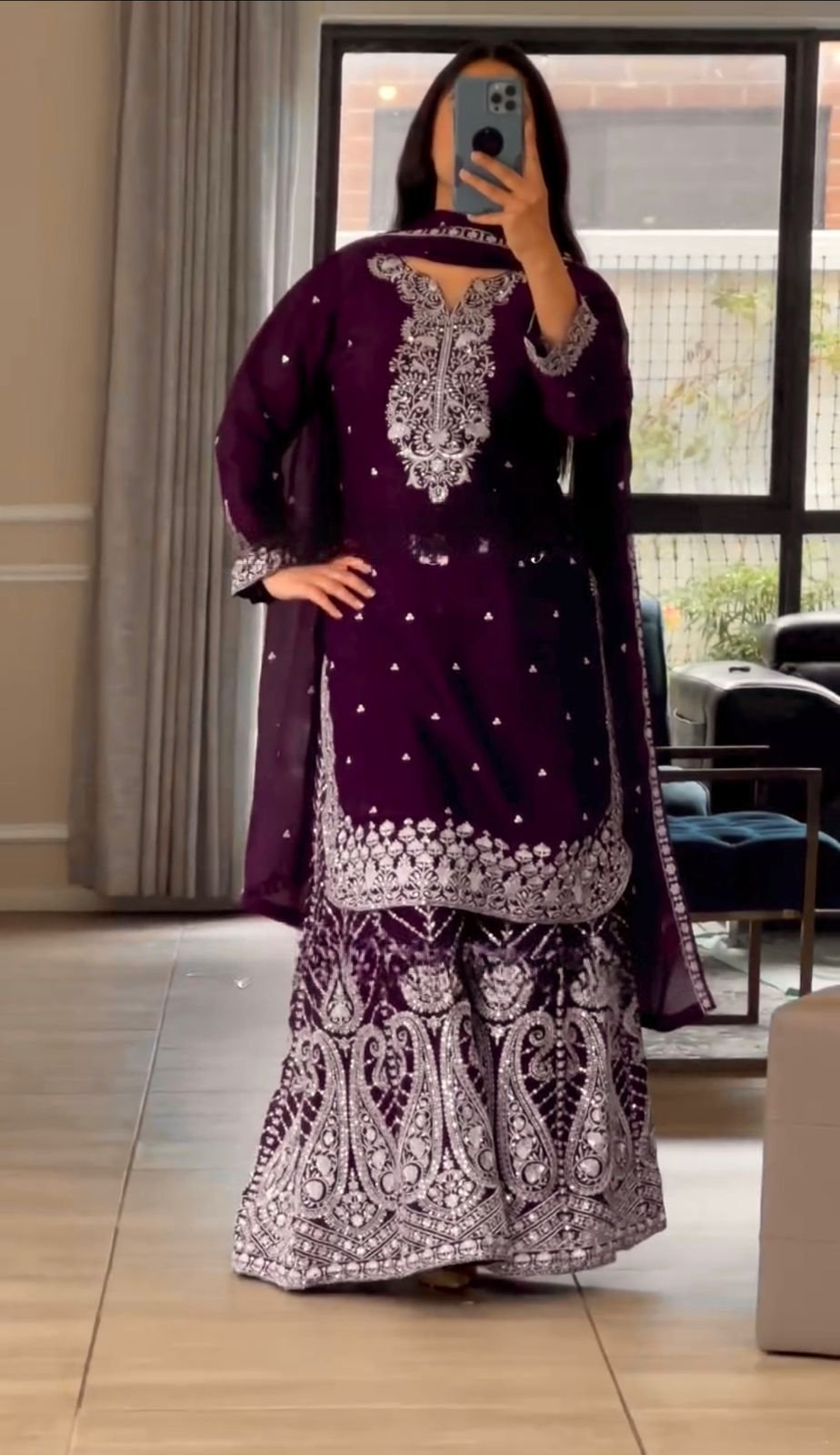 Pure Heavy Chinnon Silk With Heavy Embroidery Work With Fancy Borders Less Work Sleeve With Fancy Latkan Dori. - Image 3