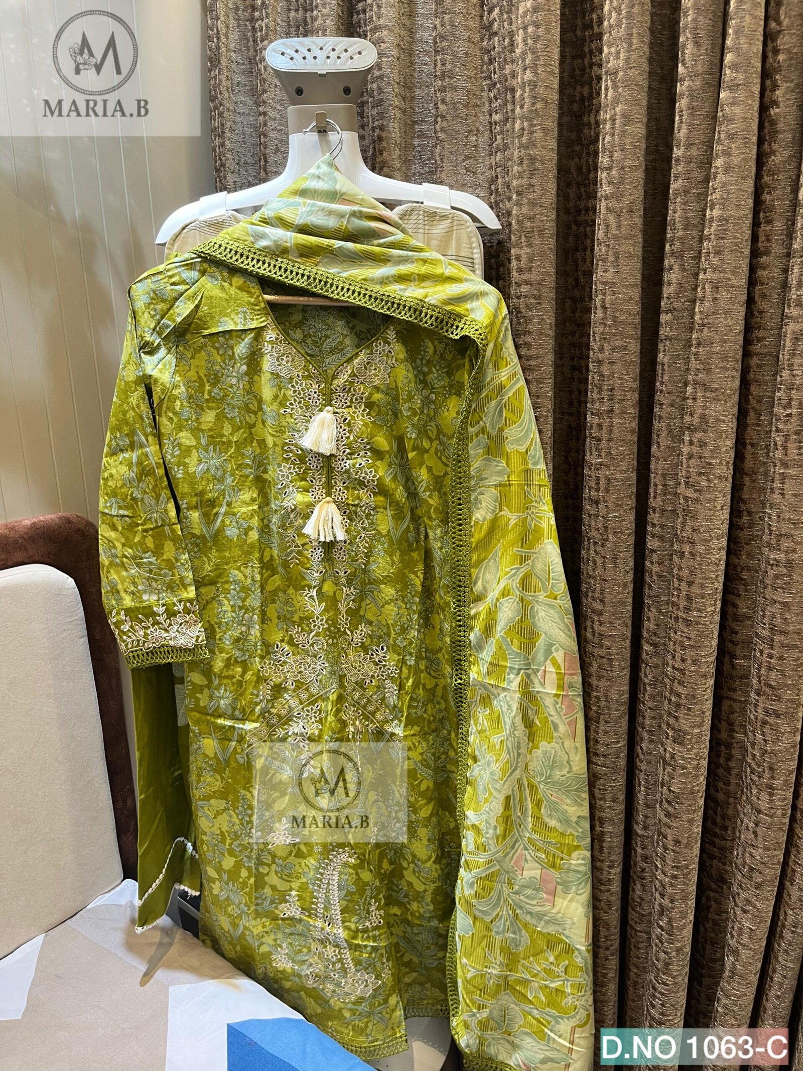 FULL STITCHED COTTON TOP WITH SELF EMBROIDERY ON NECK & DAMAN (FRONT STITCHED INNER) WITH FANCY TUSSELS, STYLING IN NECK, SLEEVES & DAMAN