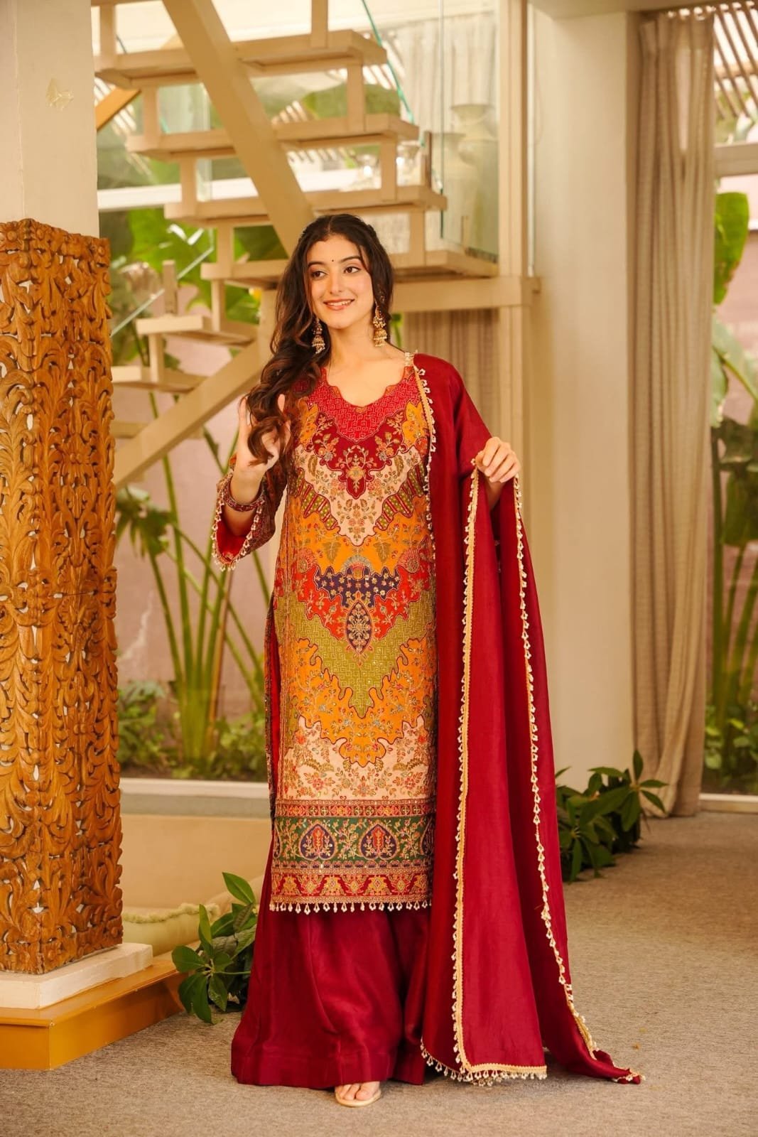 Elevate your festive wardrobe with this breathtaking 3-piece ethnic ensemble, crafted from premium, lightweight Chinon fabric. - Image 3