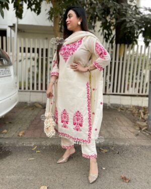 Pure Khadi Cotton Kurti With Pant With Beautiful Embroidery Work Duppata