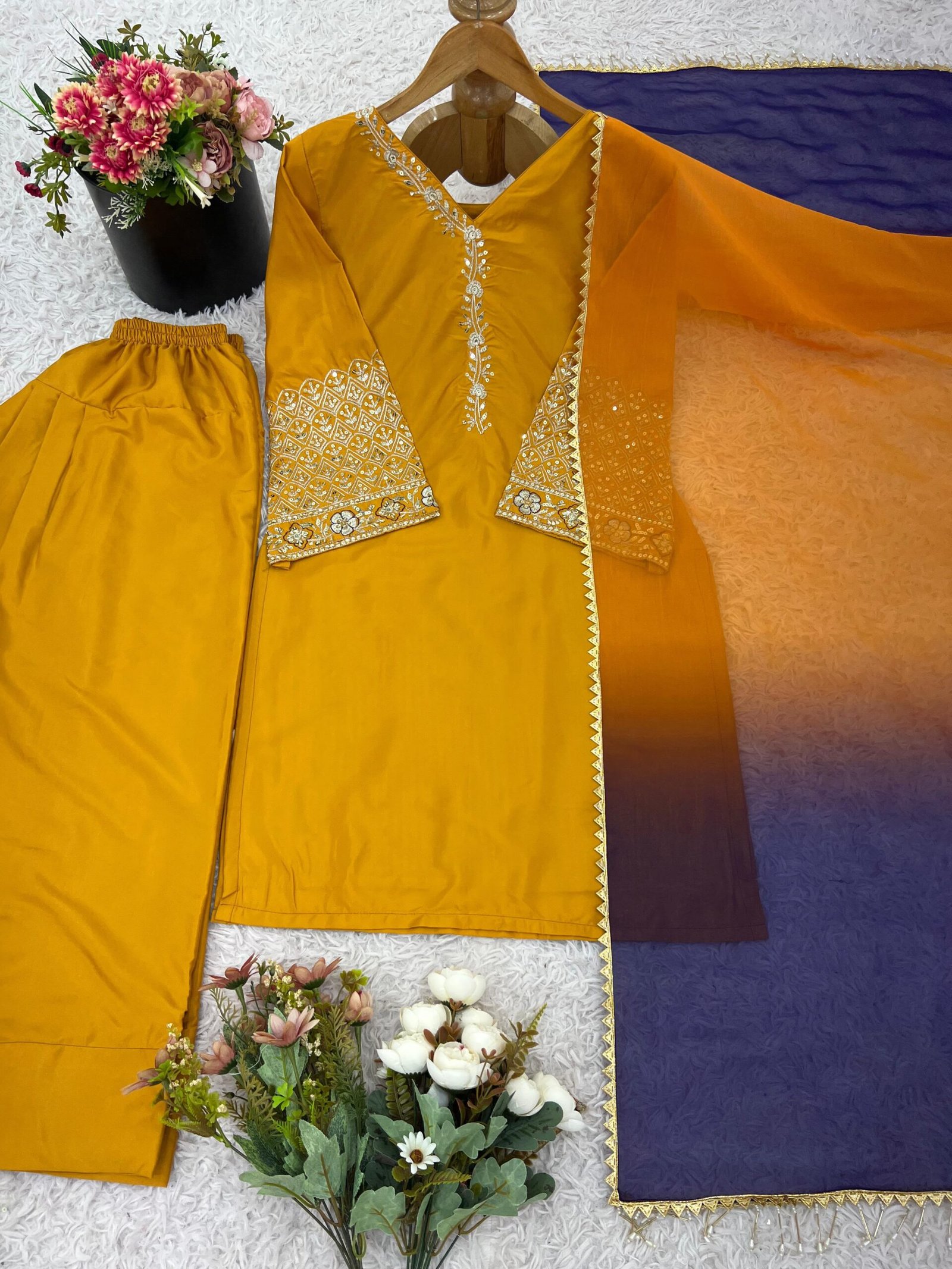 Presenting New Designer Collection In Natural satin Silk Top-Bottom And Dupatta Set Fully Stitched Ready To Wear - Image 2