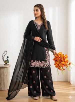 NEW ĐĚSIGNER PARTY WEAR TOP AND PLAZZO. WITH FANCY DUPPATA AND EMBROIDERY WORK