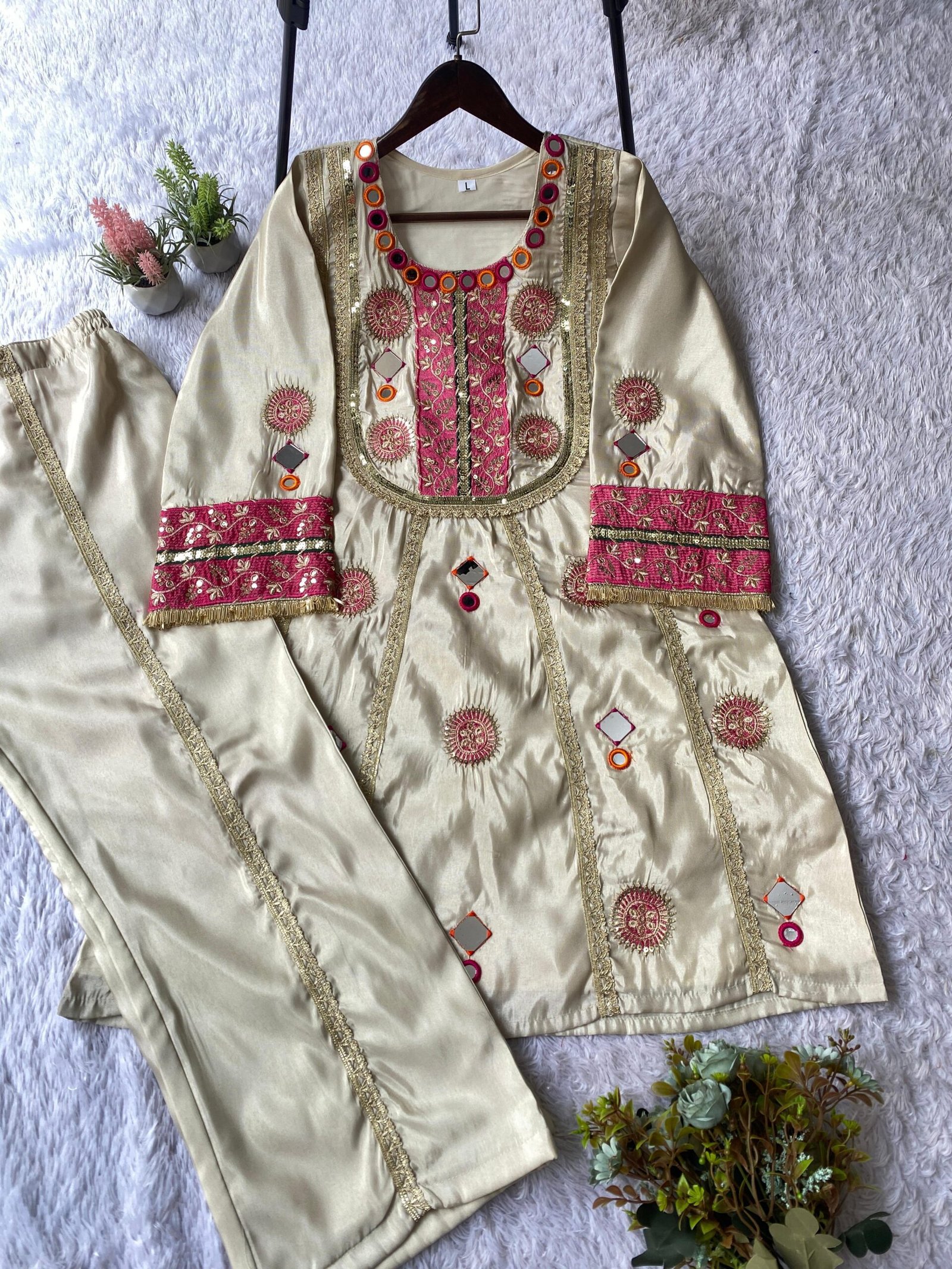 EXCLUSIVE AND TRENDY CO-ORD SET FOR WEDDING SEASON WITH MIRROR AND SEQUENCE EMBROIDERED TOP AND PLAZZO - Image 2