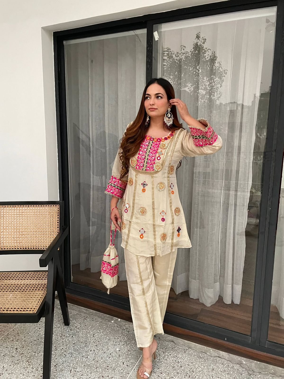 EXCLUSIVE AND TRENDY CO-ORD SET FOR WEDDING SEASON WITH MIRROR AND SEQUENCE EMBROIDERED TOP AND PLAZZO
