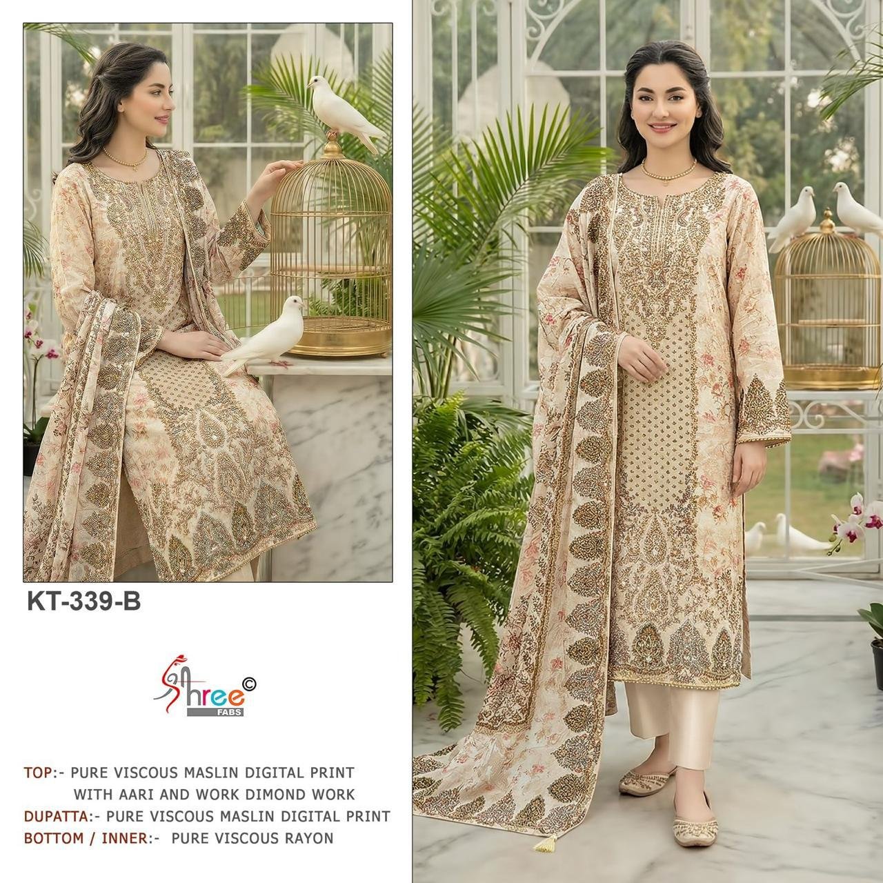Pure Viscous Maslin Digital Print and Aari Work with dimond Bottom- Pure Viscose Rayon