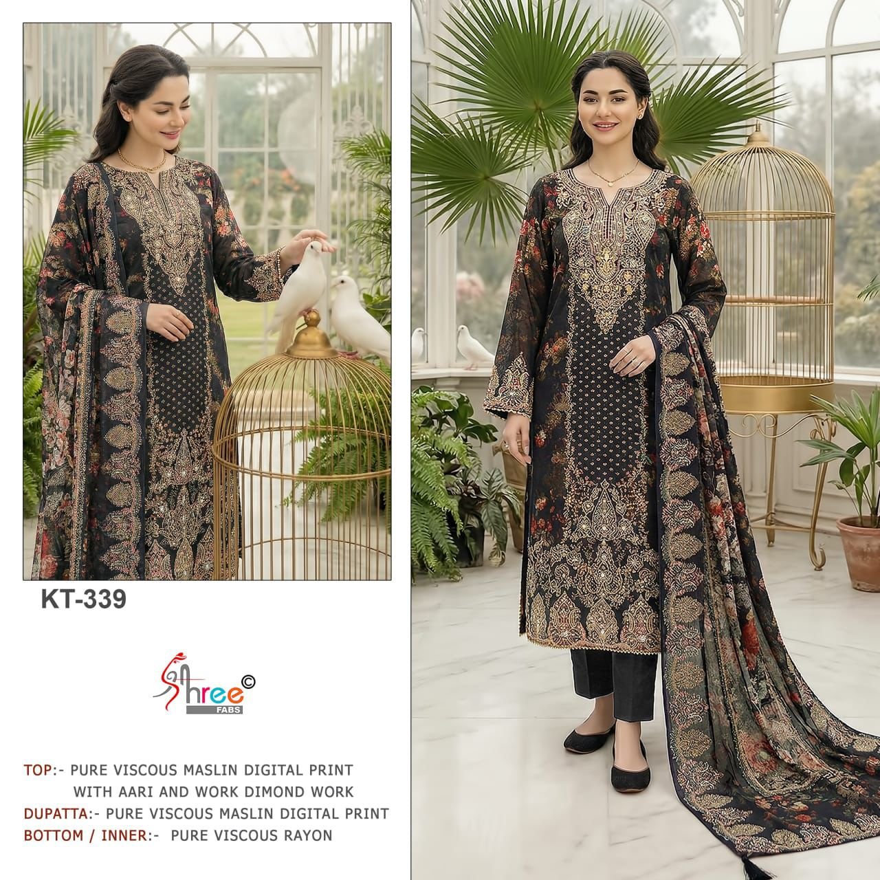 Pure Viscous Maslin Digital Print and Aari Work with dimond Bottom- Pure Viscose Rayon - Image 3
