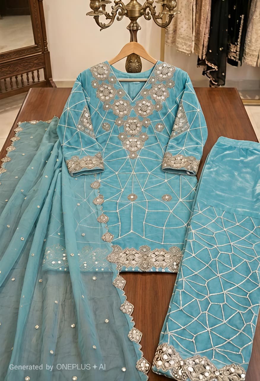 EXCLUSIVE AND TRENDY FOR WEDDING SEASON OUR SEQUENCE EMBROIDERY WORKED TOP, PLAZZO AND DUPATTA - Image 8