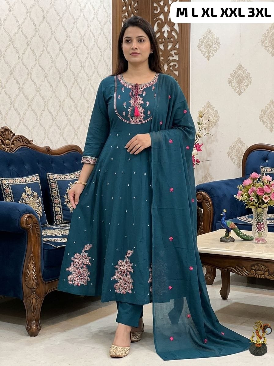 New Arrival: Deep Teal Cotton Anarkali Set