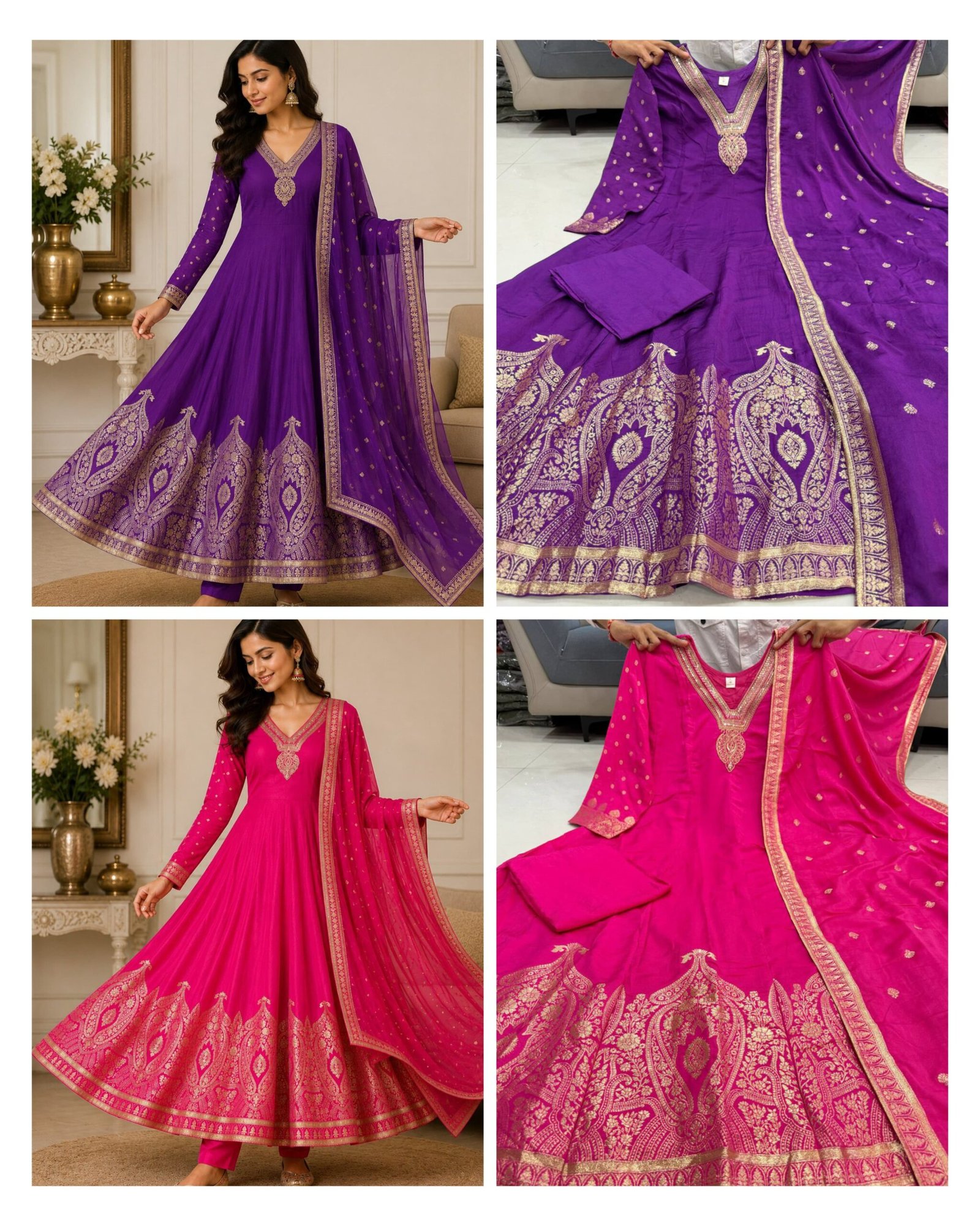 Launching New Đěsigner Pure Banarasi Anarkali Kali Gown Jequard Wiving Top With Pent & Dupatta Set - Image 5