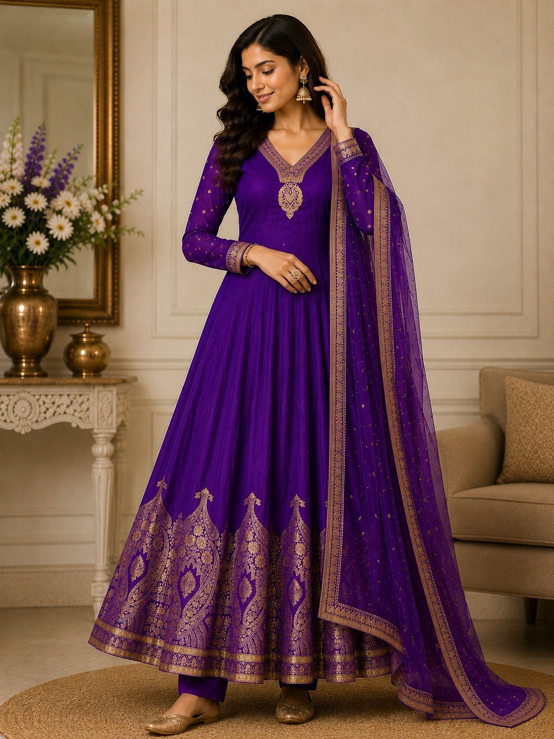 Launching New Đěsigner Pure Banarasi Anarkali Kali Gown Jequard Wiving Top With Pent & Dupatta Set - Image 3