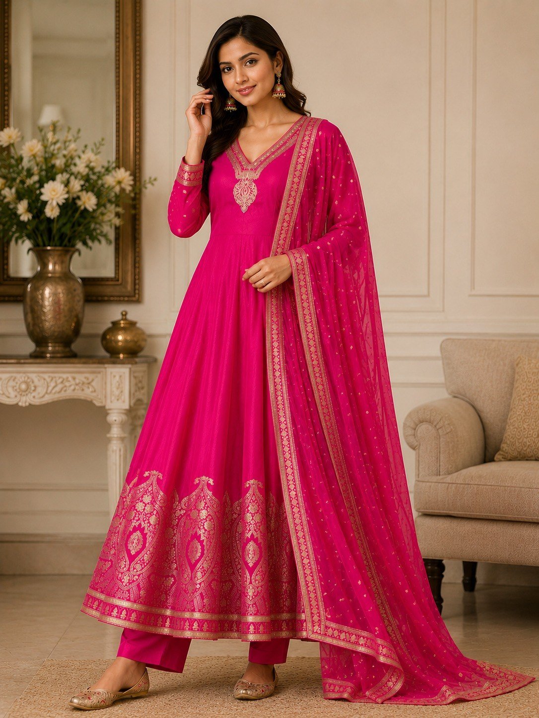Launching New Đěsigner Pure Banarasi Anarkali Kali Gown Jequard Wiving Top With Pent & Dupatta Set