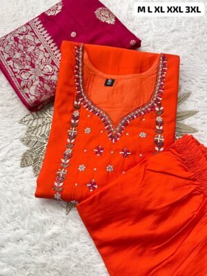 Alternative view of Premium Roman Silk Kurti With Handwork With Pant With Beautiful Jequard Duppata