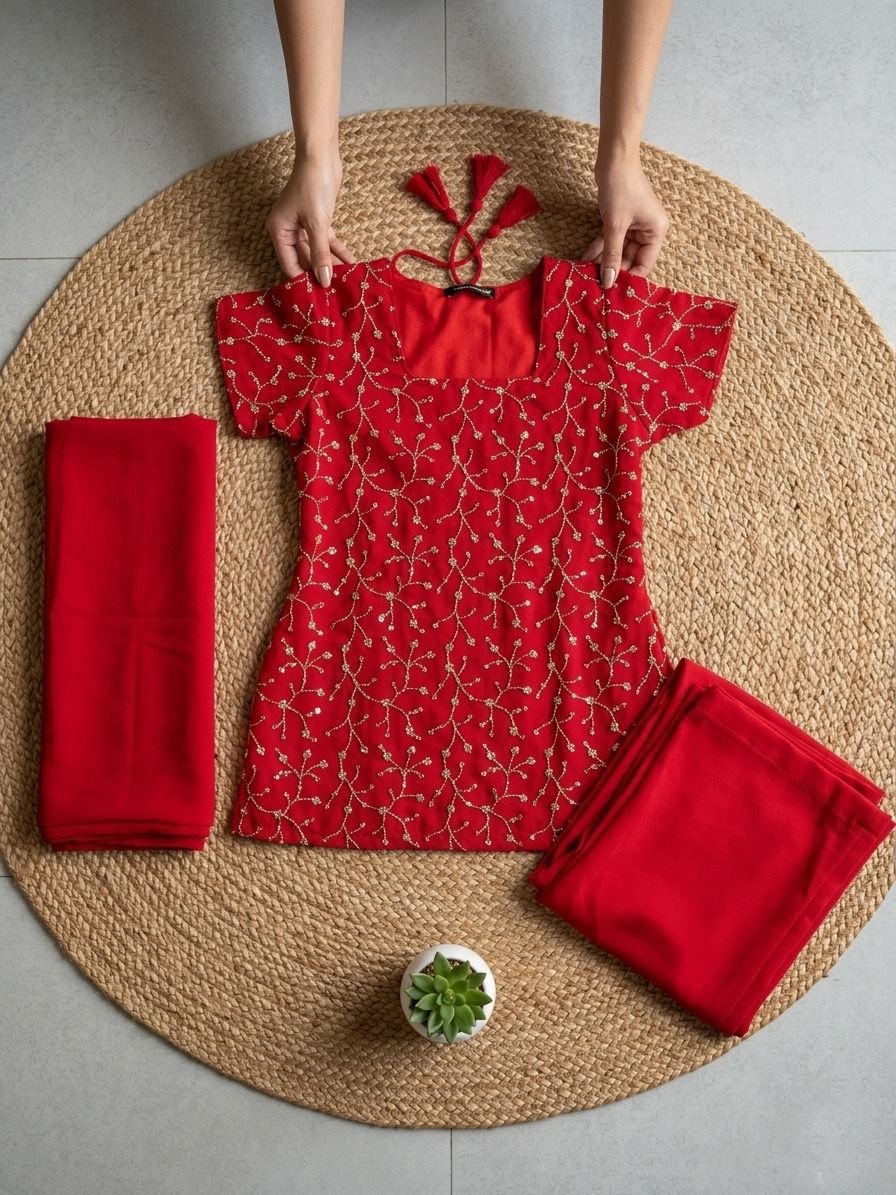 This vibrant red 3-piece co-ord set, effortlessly blends contemporary flair with timeless elegance through its delicate floral embroidery and modern square neckline. - Image 2