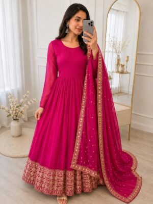 Party Wear Heavy Long Gown With Embroidery Sequence work With Bottom and Dupatta Set