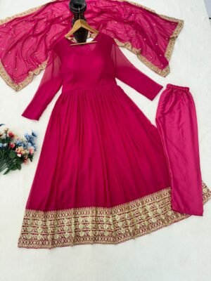 Alternative view of Party Wear Heavy Long Gown With Embroidery Sequence work With Bottom and Dupatta Set