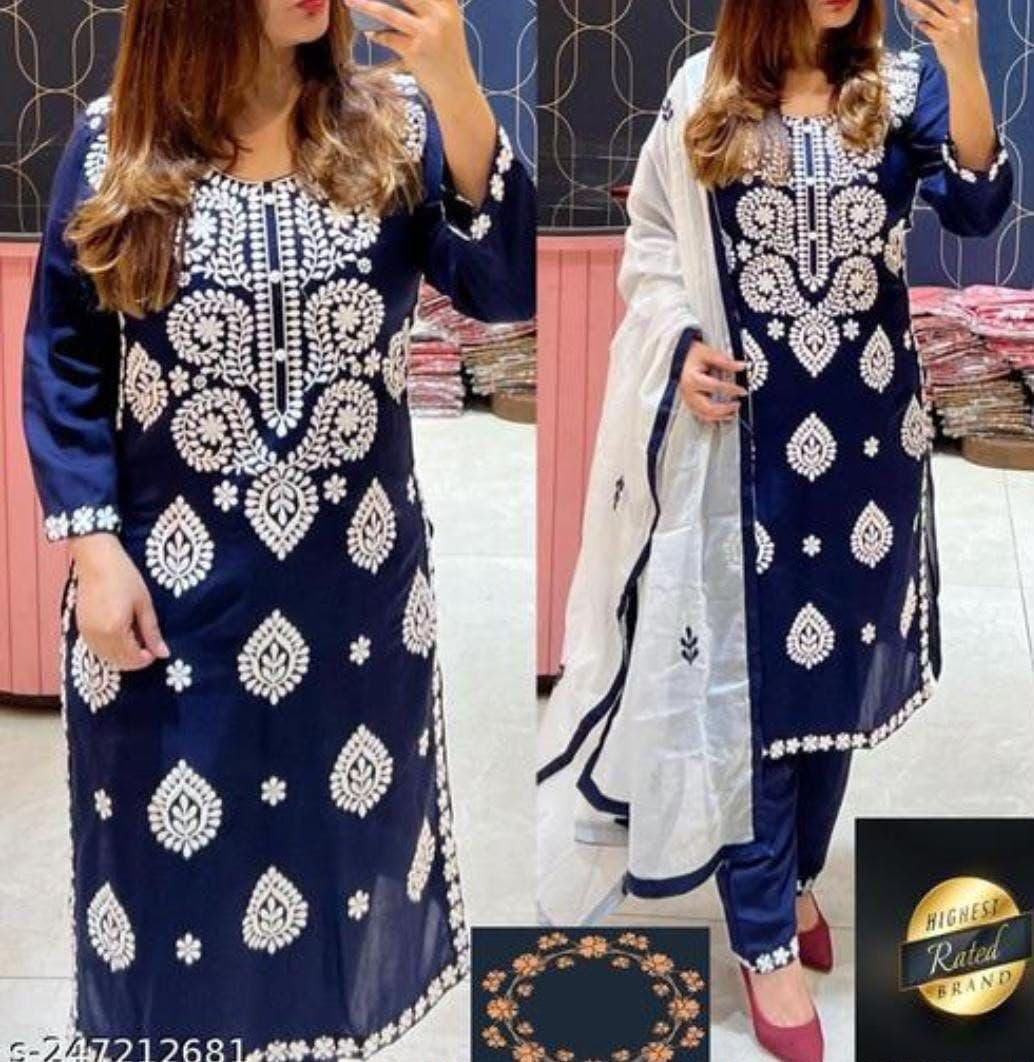 KURTI HEAVY RAYON COTTON FABRIC WID CHICKEN KARI STYLE EMBROIDERY WORK - Image 3
