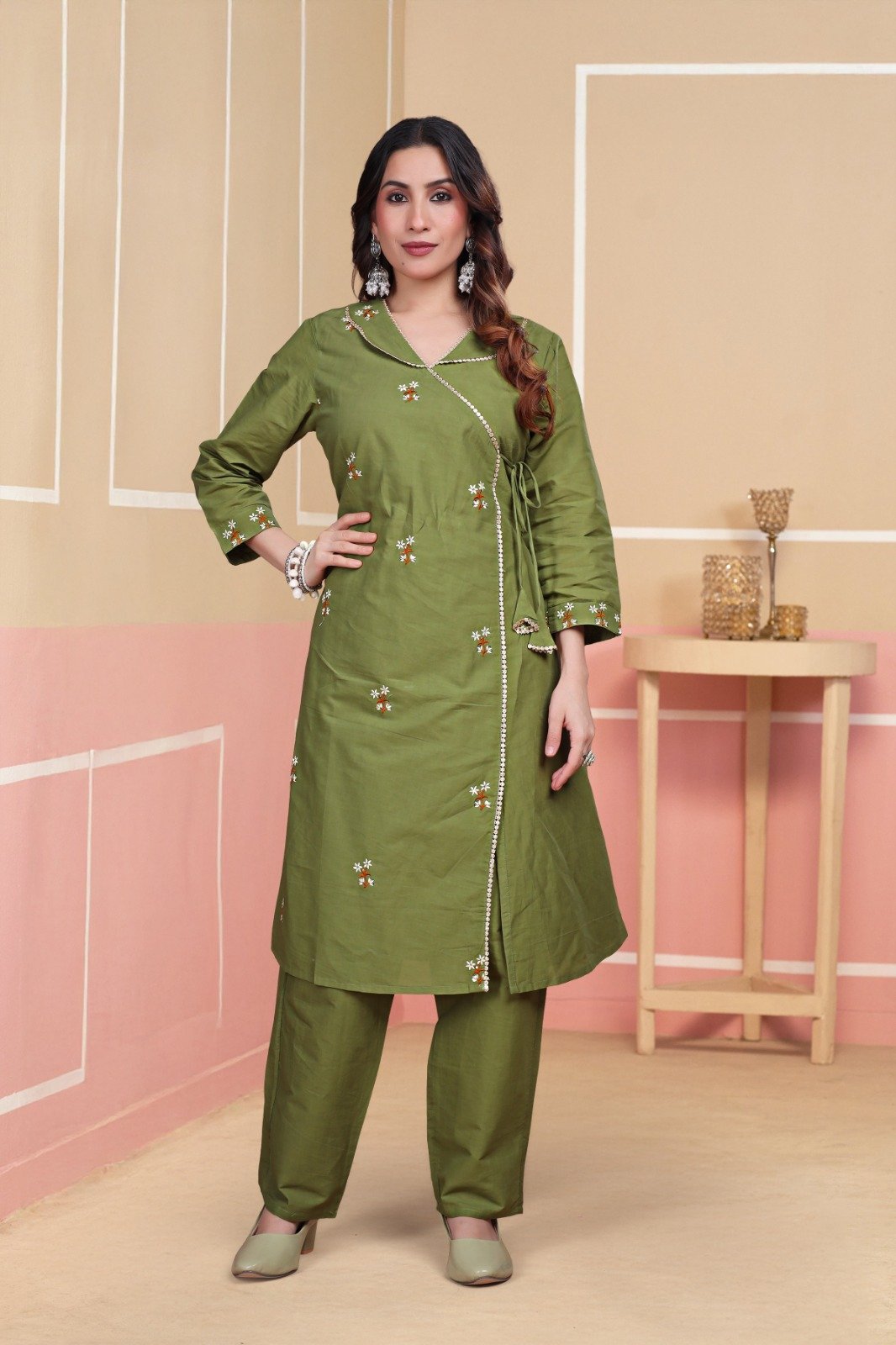 Elegant Olive Green Wrap-Style Kurti Set