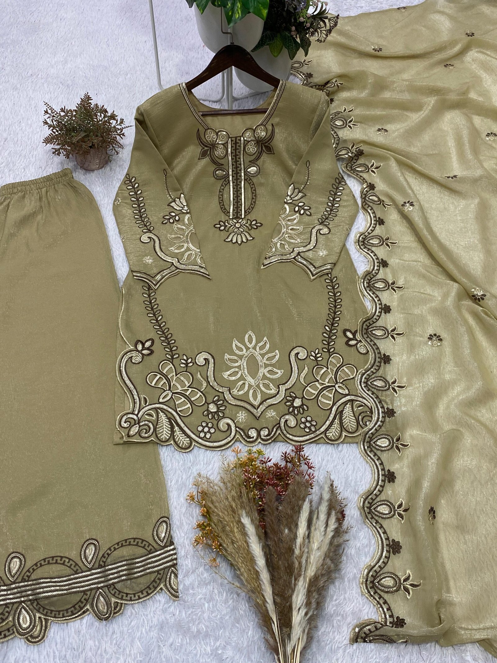 THIS WEDDING SEASON, TRY OUR DESIGNER EMBROIDERED WITH CUT WORKED TOP PLAZZO SUIT WITH DUPATTA - Image 2