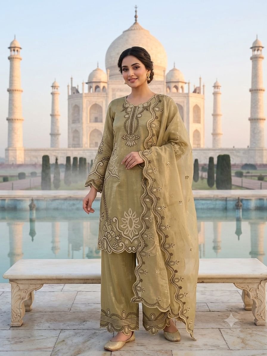 THIS WEDDING SEASON, TRY OUR DESIGNER EMBROIDERED WITH CUT WORKED TOP PLAZZO SUIT WITH DUPATTA