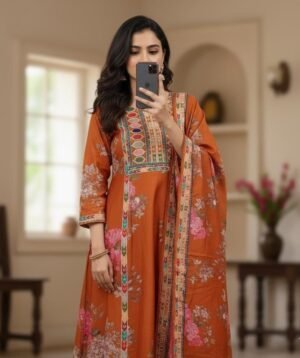 Featuring this beautiful Maslin Suit which is elevated with finest floral prints, paired matching pant and dupatta.
