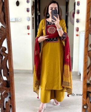 Pure Cotton Kurti With Classy Embroidery Work on yoke & backside and pant and tye dye print mal mal dupatta to complete the look