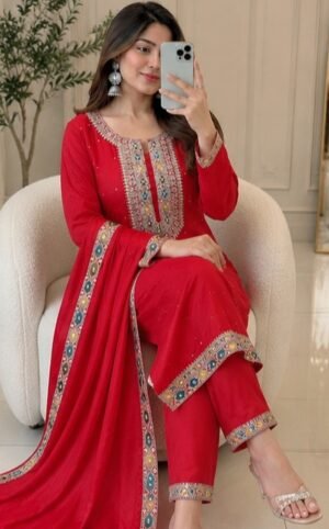 Alternative view of Festive & Party Wear Heavy Chinon Silk Embroidered Sequence & Diamond Handwork Ready-to-Wear Top, Bottom & Dupatta Set