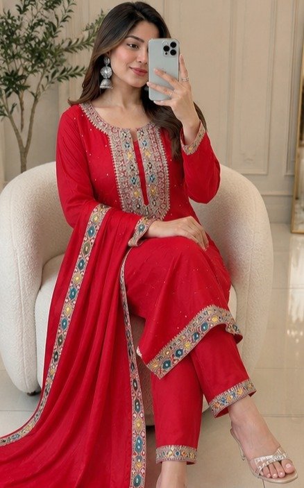 Festive & Party Wear Heavy Chinon Silk Embroidered Sequence & Diamond Handwork Ready-to-Wear Top, Bottom & Dupatta Set - Image 2