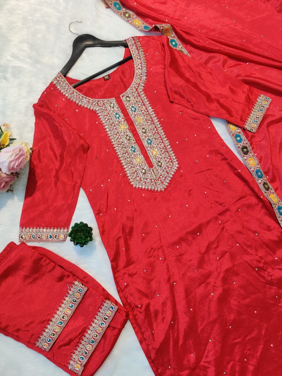 Festive & Party Wear Heavy Chinon Silk Embroidered Sequence & Diamond Handwork Ready-to-Wear Top, Bottom & Dupatta Set - Image 4