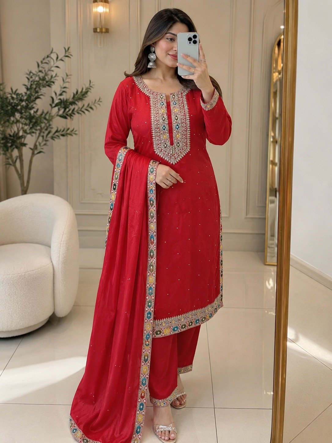 Festive & Party Wear Heavy Chinon Silk Embroidered Sequence & Diamond Handwork Ready-to-Wear Top, Bottom & Dupatta Set