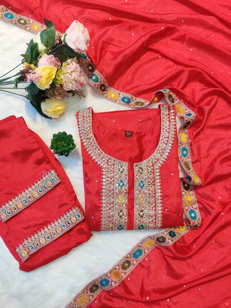 Festive & Party Wear Heavy Chinon Silk Embroidered Sequence & Diamond Handwork Ready-to-Wear Top, Bottom & Dupatta Set - Image 5