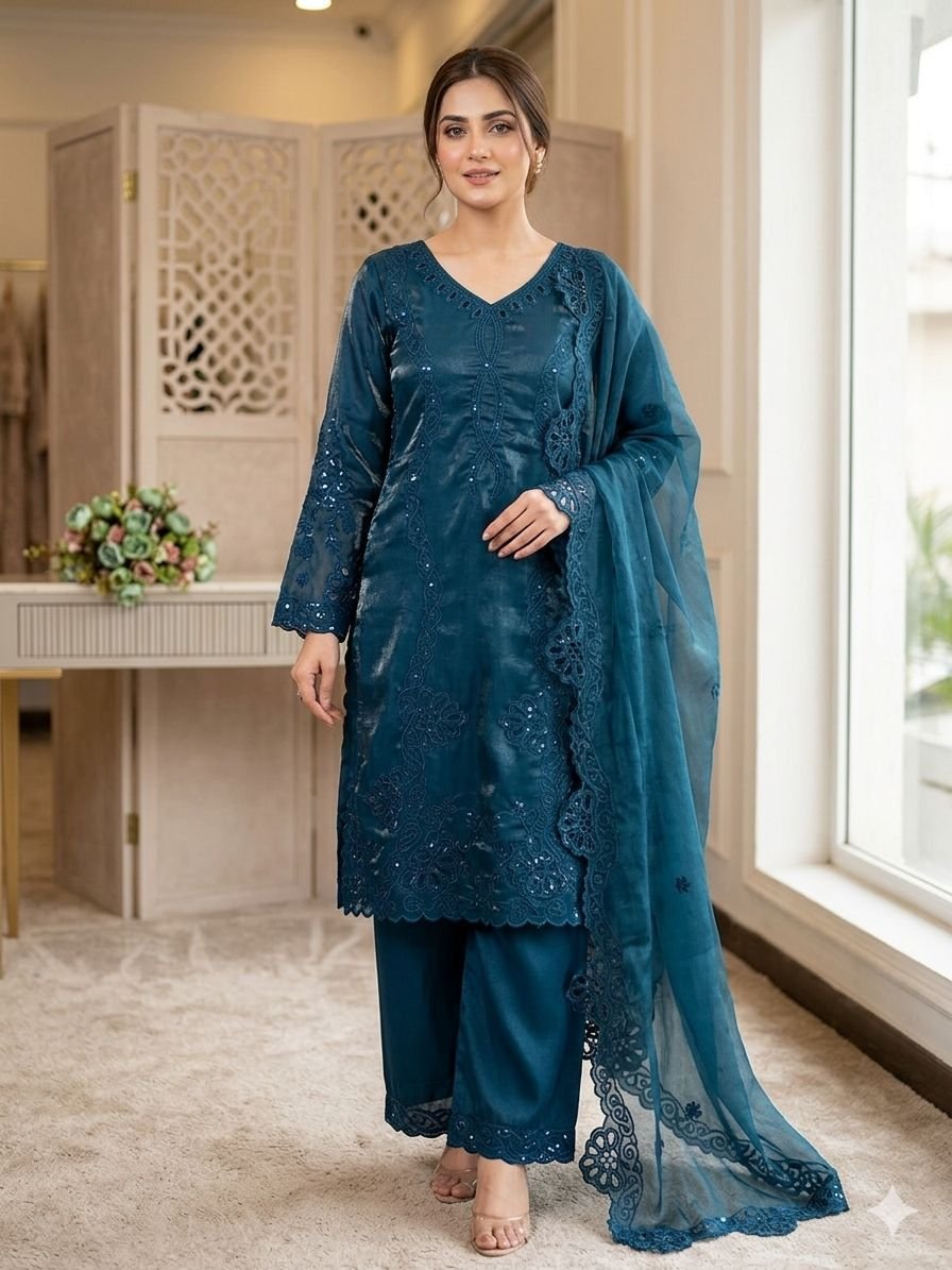 THIS WEDDING SEASON WEAR PAKISTANI SUIT WITH SEQUENCE EMBROIDERED AND CUT WORKED TOP, PLAZZO AND DUPATTA - Image 3