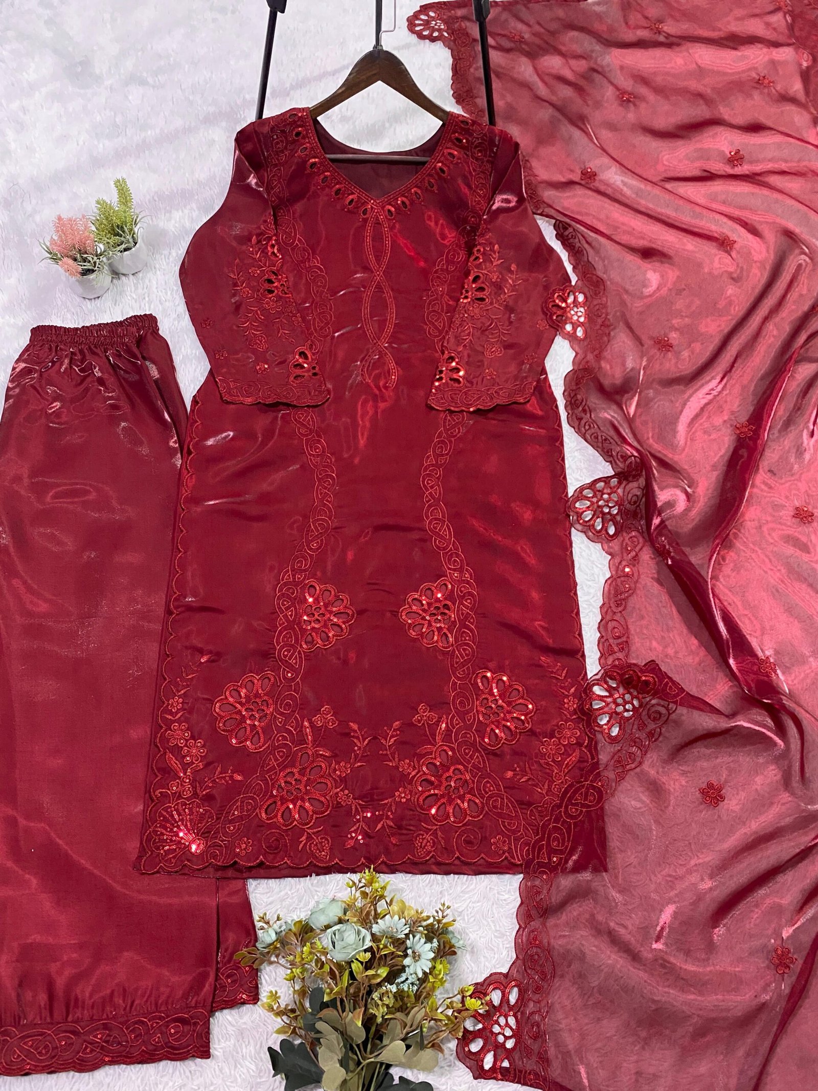 THIS WEDDING SEASON WEAR PAKISTANI SUIT WITH SEQUENCE EMBROIDERED AND CUT WORKED TOP, PLAZZO AND DUPATTA - Image 2
