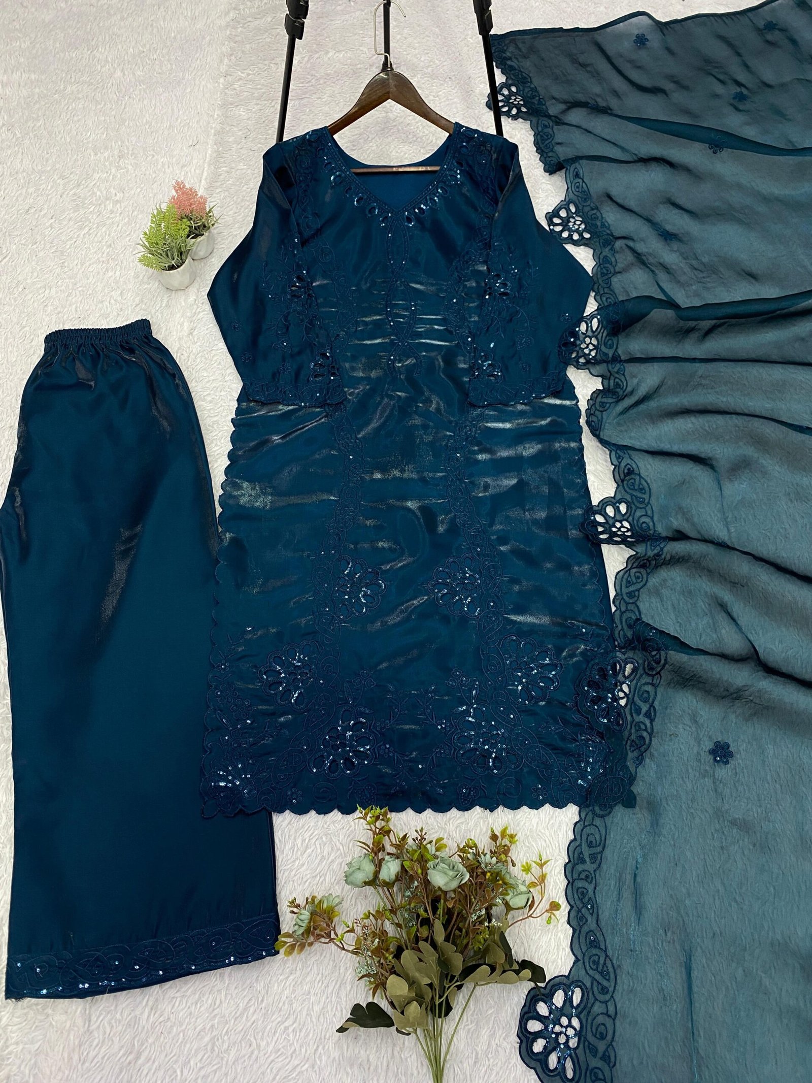 THIS WEDDING SEASON WEAR PAKISTANI SUIT WITH SEQUENCE EMBROIDERED AND CUT WORKED TOP, PLAZZO AND DUPATTA - Image 4