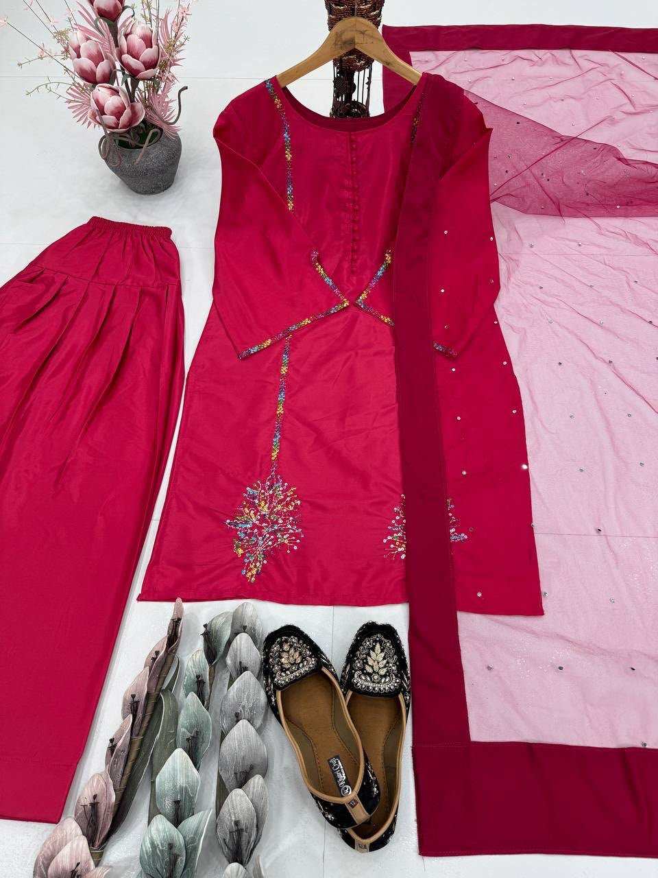 DESIGNER HEAVY NATURAL CREAP EMBROIDERED SEQUENCE WORK WITH FANCY TOP-PENT DUPATTA SET
